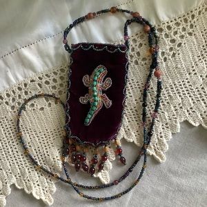 Handmade Velvet Amulet w/ Beaded Lizard & Necklace Chain